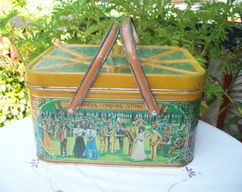 Vintage Beautiful 2 Piece Cheinco Metal Picnic Basket Annual Company Outing Tin Victorian Litho