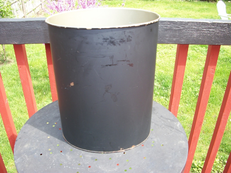 Vintage Plain Black Metal Outside Gold Inside Wastebasket Trash Can
