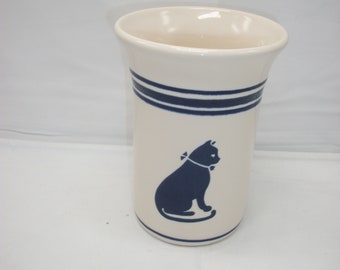 Vintage Spectrum by Pfaltzgraff Cat Kitty Utensil Crock Vase Blue and White Retired