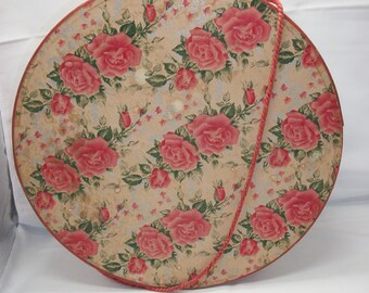 Vintage Cardboard Large Hat Box 14" by 7" Beige Background Pink Cord Pink Mauve Roses Greens and Silver Vines