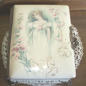 Vintage Antique Victorian Celluloid Photo Album Brass Hardware Music Box is Missing