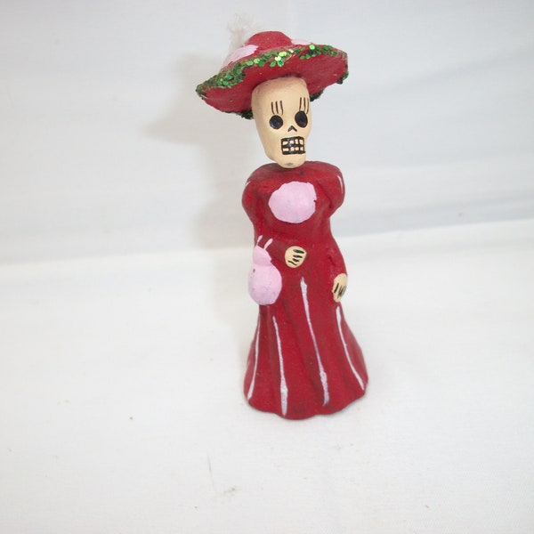 Vintage Clay Mexico Day of the Dead Woman Dressed Fancy Skeleton Figurine Hand Painted Miniature