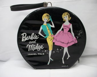 Vintage Round 1963 Barbie and Midge Travel Pals Doll Carrying Case with Handle Black Suitcase
