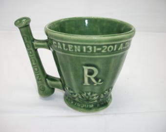 Vintage McCoy Green Ceramic Coricidin Medicine Advertising Coffee Mug Mortar & Pestle Design 60's