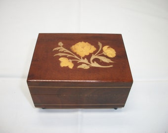 Vintage Wood Floral Inlaid Wind-Up Music Box Footed Plays Dr. Zhivago