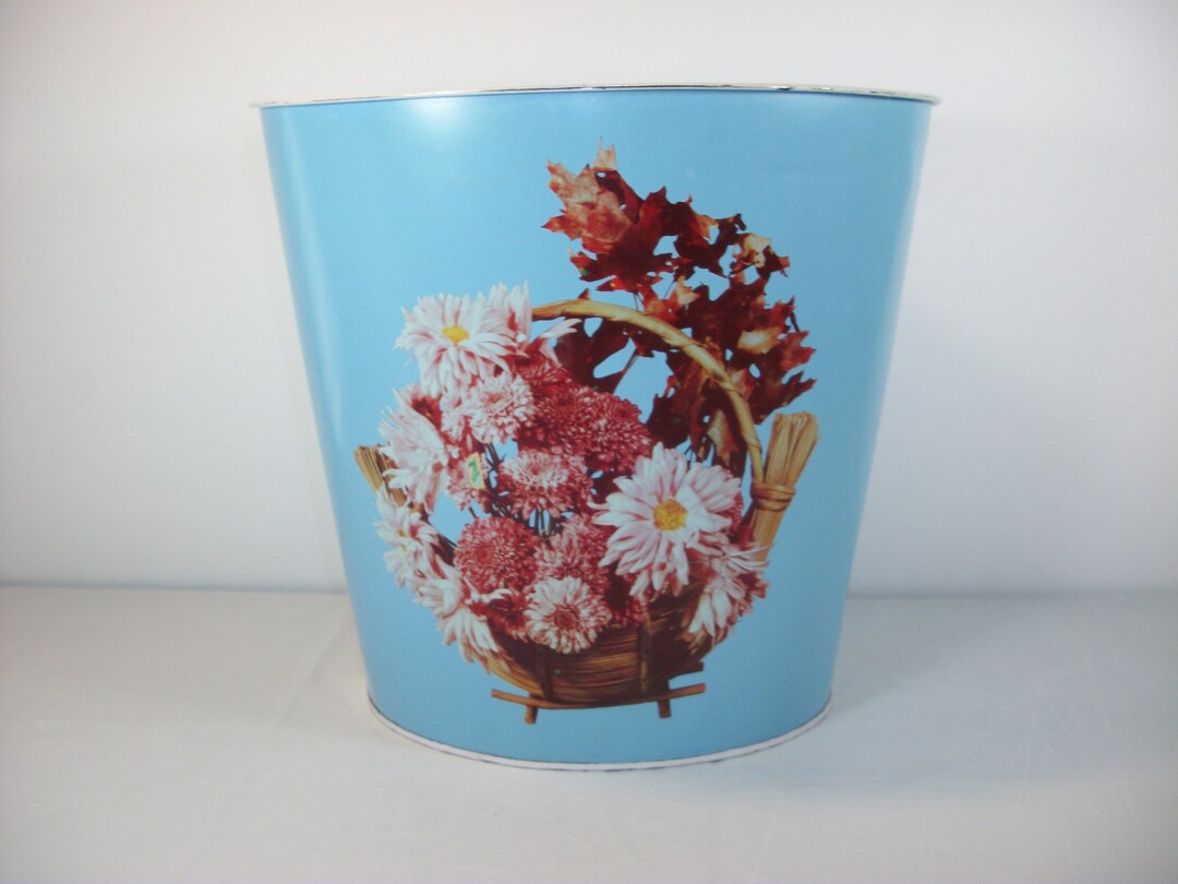 Vintage Metal Wastebasket Trash Can Small With Flowers Scene Etsy