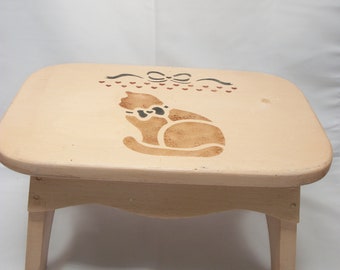Vintage Painted Pink Wood Stool Plant Stand with Stenciled Cat Hand Made