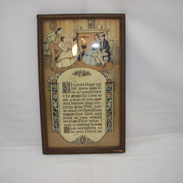 Vintage Antique Buckbee Brehm Friend Friendship Motto Poem Wood Carved Framed Picture with Glass