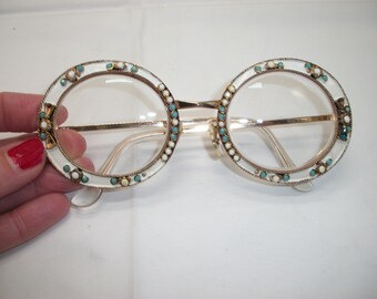 Vintage Stunning White Enamel Tura Oversized Gold Tone Eyeglasses Eyeglass Frames Milk Glass Faux Turquoise Rhinestones