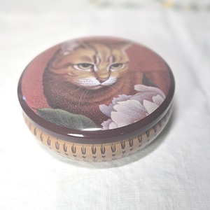 May include: A round, decorative trinket box with a cat illustration on the lid. The cat is brown and tan with green eyes, set against a red background. The box has a brown rim and a tan base with a repeating pattern.
