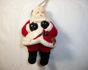 Vintage Adorable Ceramic Flocked Santa Ornament with Dangle Legs