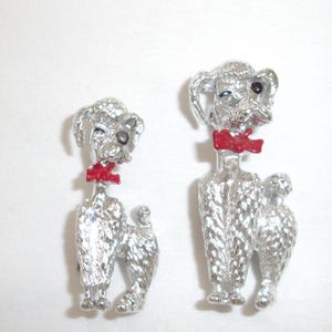 Vintage Set of 2 Poodle Pins Brooches Silver Tone Red Bows