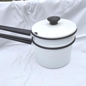 Vintage Enamelware Double Boiler White with Black Trim