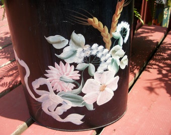 Vintage Tole Painted Flowers Wheat Bow Metal Wastebasket Trash Can Hand Painted