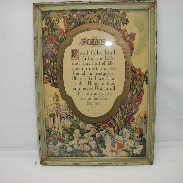 Vintage Edgar A. Guest 1924 Buzza Motto Print "Folks" Framed Picture with Glass Poem