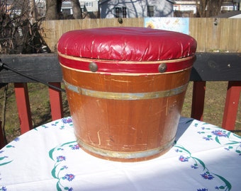 Vintage Round Barrel Style Wood with Metal Straps Upholstered Top Ottoman Sewing Basket Pantry Box