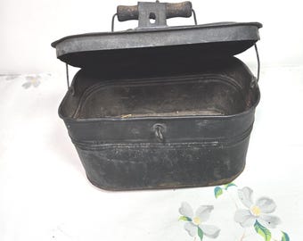 Vintage Black Metal Lunch Box Wood Handle and Chain for Hanging