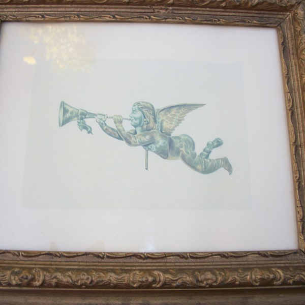 Vintage 1940's Harriette Gale Gabriel Weathervane Weather Vane Print in a Layered Wood Carved Frame with Glass