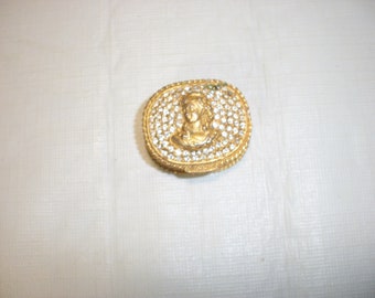 Vintage Pill Trinket Box with Victorian Woman Intaglio Inlaid Rhinestones Hinged Lid