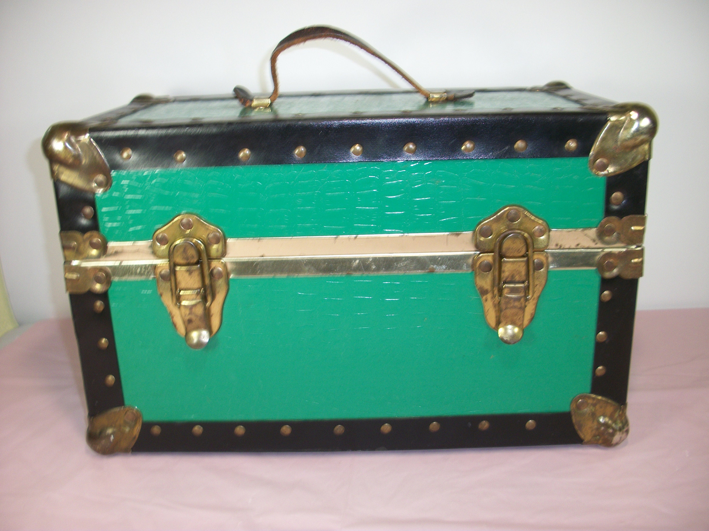 Buy Vintage Military STORAGE TRUNK Train Luggage Green Flat Top