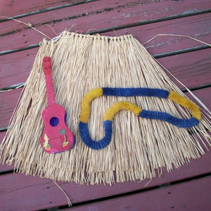 Vintage Hula Grass Skirt Crepe Paper Lei and Futurland Ukelele Set Costume Hawaii Hawaiian image 1