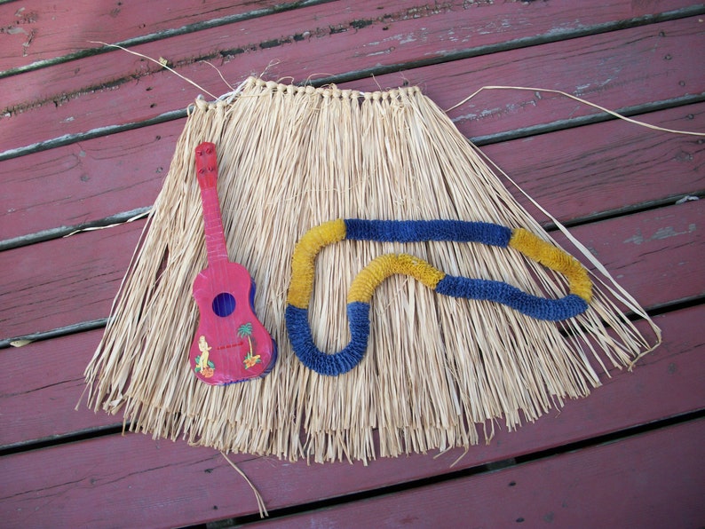 Vintage Hula Grass Skirt Crepe Paper Lei and Futurland Ukelele Set Costume Hawaii Hawaiian image 1