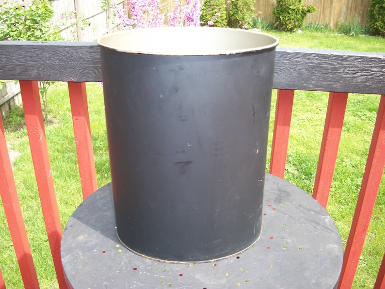 Vintage Plain Black Metal Outside Gold Inside Wastebasket Trash Can