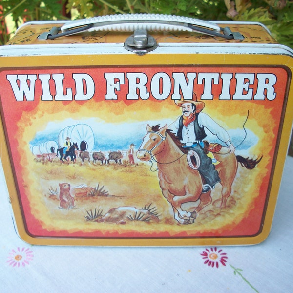 Vintage Wonderful Metal Lunch Box With Handle Latch Closure Wild Frontier Go West Spinner Game 1977