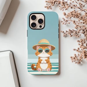 Summer Cat Phone Case / Cute Beach Kitty with Hat / Fun Aesthetic iPhone 16 15 14 13 12 11 Pro Max & Samsung Galaxy S25 S24 S23 S22 S21