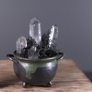 May include: A small, round, three-legged black cauldron with a green rim accent. The interior is filled with dark, textured moss and four clear, pointed quartz crystal points of varying heights protruding from the center.