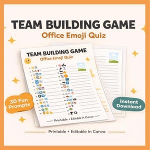 Op de afbeelding: Een printbaar teamspel met de titel "Team Building Game Office Emoji Quiz". Het ontwerp toont een wit papier met op emoji's gebaseerde prompts, een gele achtergrond en de tekst "30 Fun Prompts". De woorden "Instant Download" zijn ook zichtbaar.