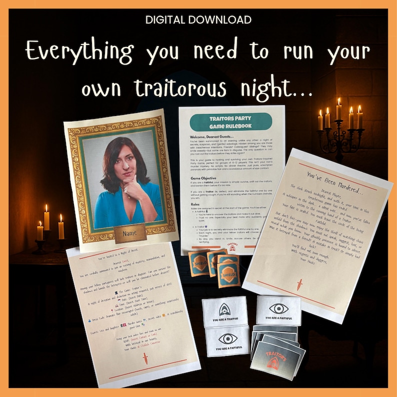 May include: Game night set with rulebooks, cards, and a portrait, designed for a "Traitorous Night" party. The text "Everything you need to run your own traitorous night..." is displayed at the top.