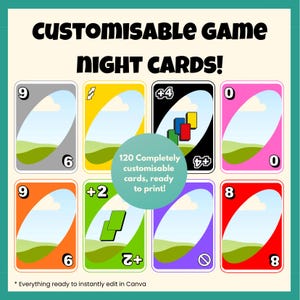 Può includere: Un set di carte da gioco personalizzabili per serate di gioco, con una varietà di colori, tra cui grigio, giallo, nero, rosa, arancione, verde e viola. Le carte presentano numeri, simboli e il testo "CUSTOMISABLE GAME NIGHT CARDS!" e "120 carte completamente personalizzabili, pronte per la stampa!"