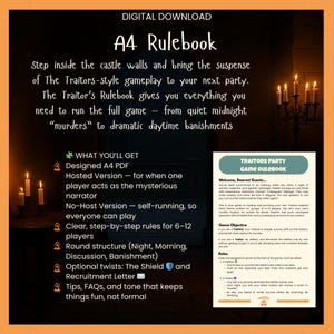 May include: A4 Rulebook digital download with text, offering a Traitors-style party game. Includes a designed A4 PDF, hosted and no-host versions, and clear rules for 6-12 players. Features a round structure and optional twists. The text is set against a dark background.