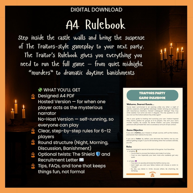 May include: A4 Rulebook digital download with text, offering a Traitors-style party game. Includes a designed A4 PDF, hosted and no-host versions, and clear rules for 6-12 players. Features a round structure and optional twists. The text is set against a dark background.