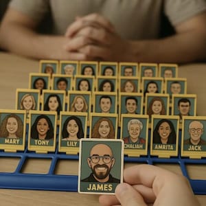 Puede incluir: Un juego de mesa de plástico azul con una cuadrícula de tarjetas de personajes con marcos amarillos, rostros ilustrados y nombres. Se sostiene en primer plano una tarjeta con un hombre calvo con gafas y barba etiquetado como James.