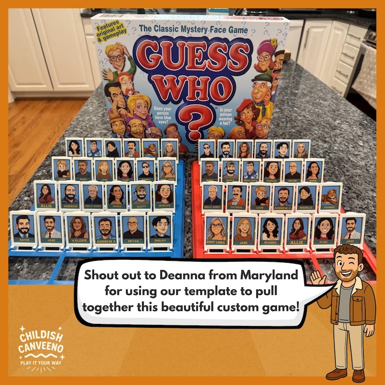 May include: A Guess Who board game set featuring a blue game board and a red game board, each with rows of flip-up character cards. The game box displays the title Guess Who with illustrations of various cartoon faces and the text Features original art & gameplay.