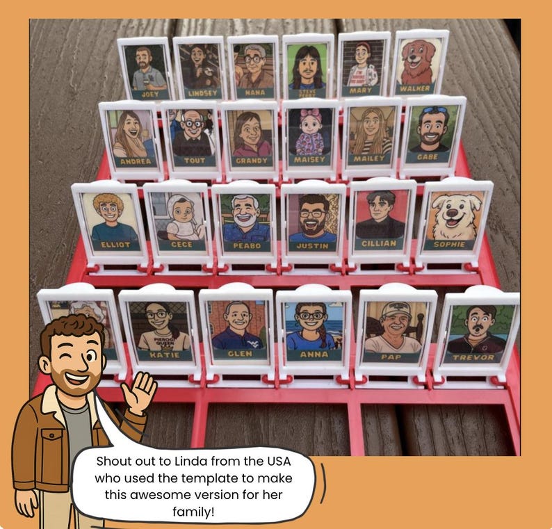 May include: A red plastic board game featuring twenty-four white-framed character cards with illustrated portraits and names including Joey, Lindsey, Nana, Steve, Mary, Walker, Andrea, Tout, Grandy, Maisey, Mailey, Gabe, Elliot, Cece, Peabo, Justin, Cillian, Sophie, Katie, Glen, Anna, Pap, and Trevor.