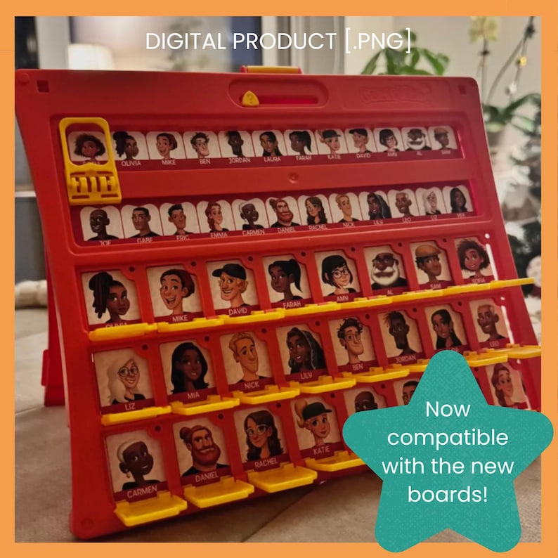 May include: A red plastic board game with rows of flip-up character cards featuring illustrated faces and names. A teal star-shaped graphic on the right reads, Now compatible with the new boards! The top of the image displays the text DIGITAL PRODUCT [.PNG].