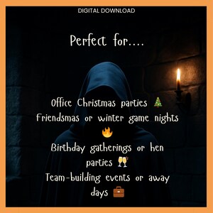 May include: Digital download graphic with a dark background and an orange border. The text reads "Perfect for..." followed by suggestions for office Christmas parties, Friendsmas, birthday gatherings, and team-building events.