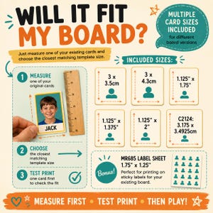 May include: An instructional graphic titled WILL IT FIT MY BOARD? showing a three-step guide to measuring cards with a wooden ruler. It lists included sizes in inches and centimeters, such as 3 x 3.5cm, 1.125 x 1.75 inches, and a bonus MR685 label sheet.