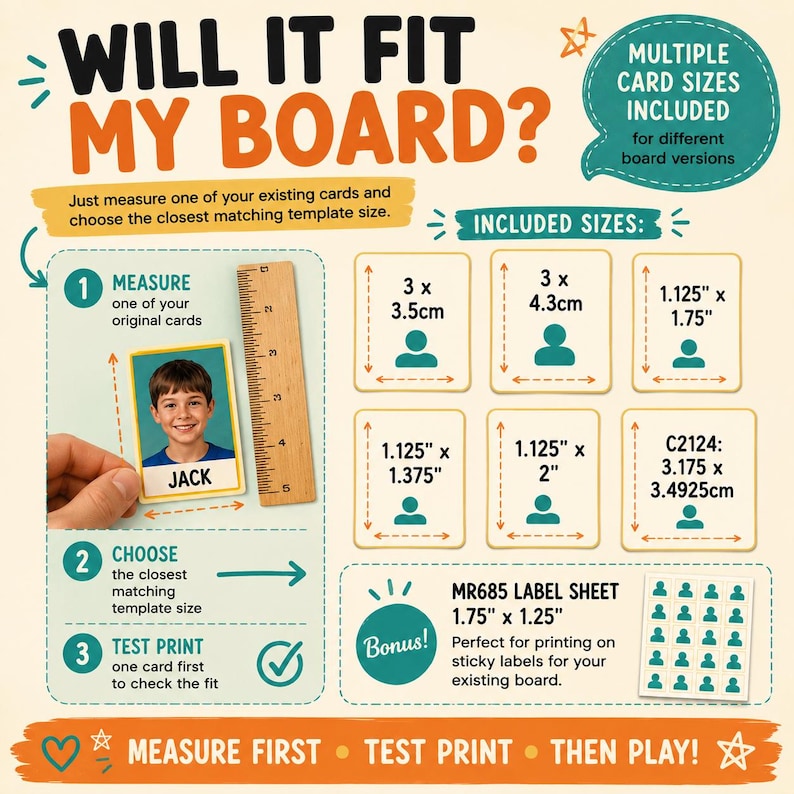 May include: An instructional graphic titled WILL IT FIT MY BOARD? showing a three-step guide to measuring cards with a wooden ruler. It lists included sizes in inches and centimeters, such as 3 x 3.5cm, 1.125 x 1.75 inches, and a bonus MR685 label sheet.