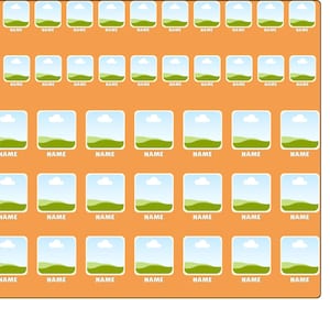 May include: An orange rectangular sheet featuring a grid of forty-eight identical square icons. Each icon displays a stylized green landscape with a white cloud against a light blue sky. Below each icon is the word NAME in white capital letters.