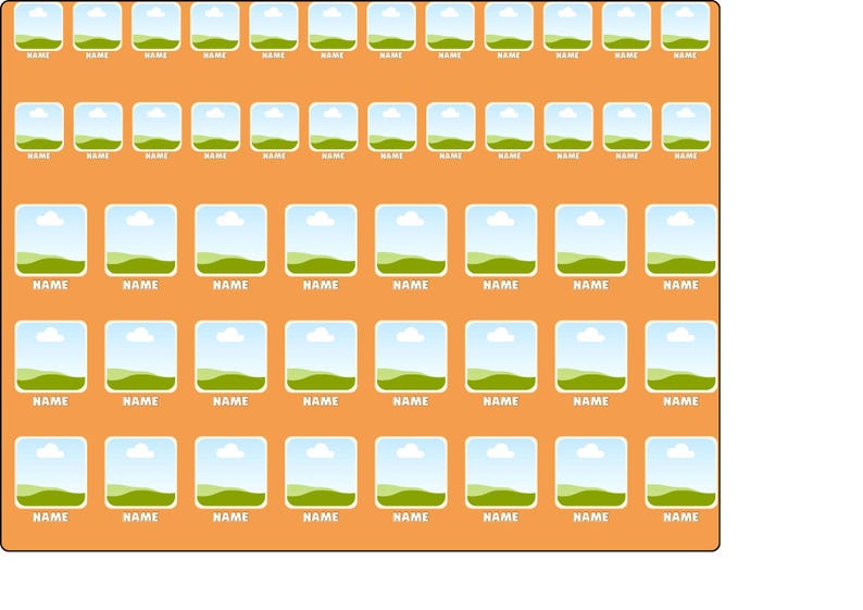 May include: An orange rectangular sheet featuring a grid of forty-eight identical square icons. Each icon displays a stylized green landscape with a white cloud against a light blue sky. Below each icon is the word NAME in white capital letters.