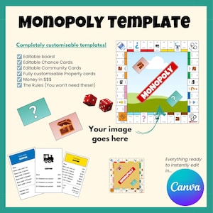 Pode incluir: Um modelo de Monopoly com tabuleiro, cartas de sorte, cartas de caixa de comunidade, cartas de propriedade e dinheiro editáveis. O design inclui dois dados vermelhos, um tabuleiro de jogo com um espaço central para uma imagem e os textos Monopoly Template, Completely customisable templates e Canva.