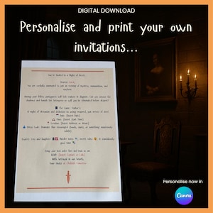 May include: A digital download invitation template with the text "Personalise and print your own invitations..." in a gothic font. The invitation details a "Night of Deceit" with a dress code of dramatic flair. The background is a dimly lit room with a painting and a candelabra.