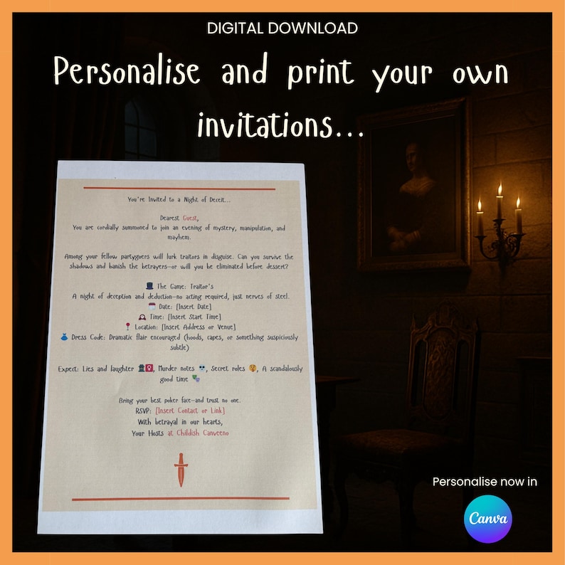 May include: A digital download invitation template with the text "Personalise and print your own invitations..." in a gothic font. The invitation details a "Night of Deceit" with a dress code of dramatic flair. The background is a dimly lit room with a painting and a candelabra.