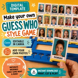 May include: A digital template for a custom Guess Who style game featuring a blue plastic game board with slots for character cards. The template includes text such as Digital Template, Make your own Guess Who style game, Editable in Canva, Add your own photos, and Instant download print, cut & play.