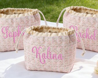 Personalized Floral Embroidered Makeup Bag, Custom Bridesmaid Cosmetic Travel Toiletry Pouch