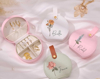 Custom Bridesmaid Gifts, Personalized Jewelry Box with Name, Birthmonth Flower Jewelry Box, Travel Jewelry Case, Floral Jewelry Case,Wedding